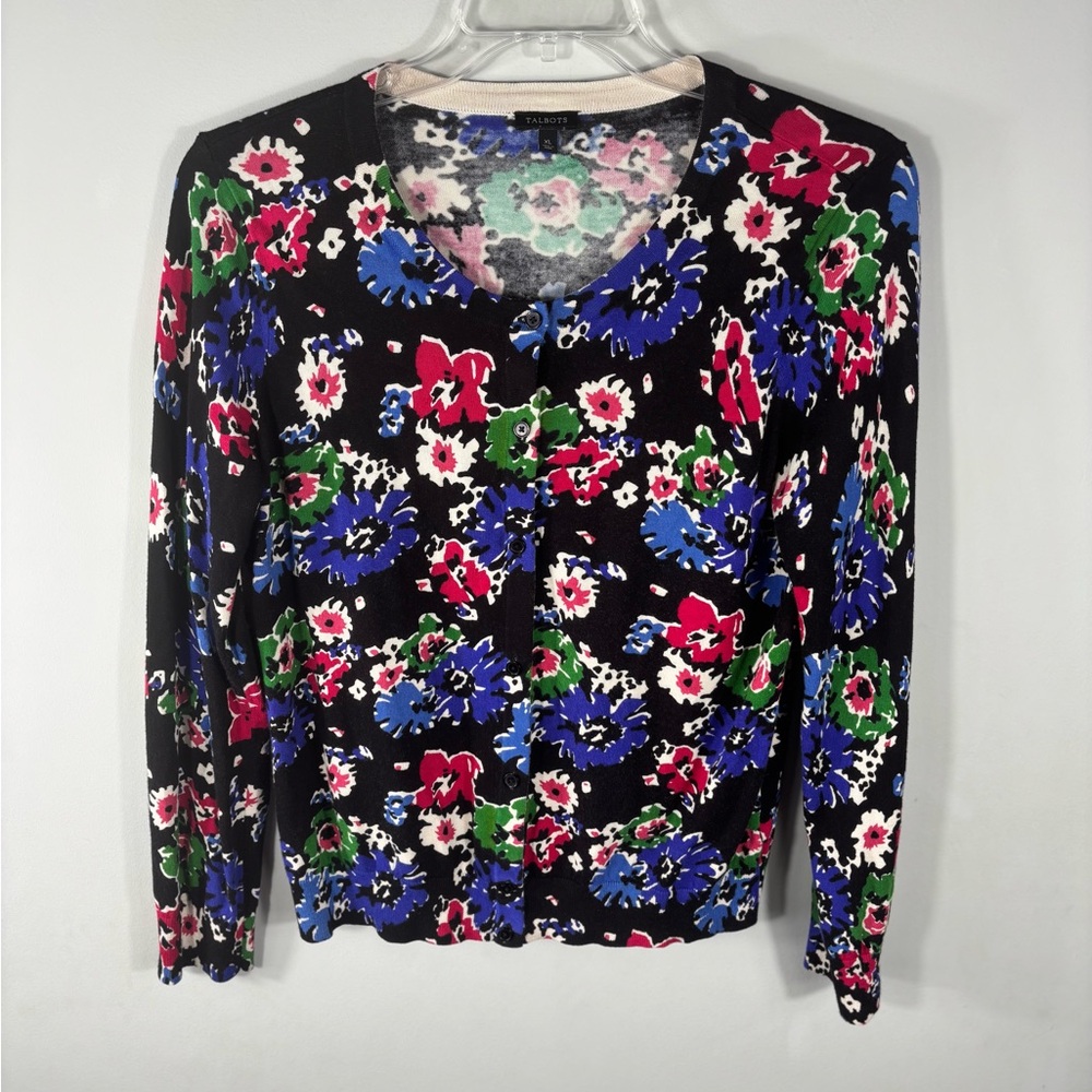 Talbots Cardigan XL Black Floral Cotton Rayon Office Travel